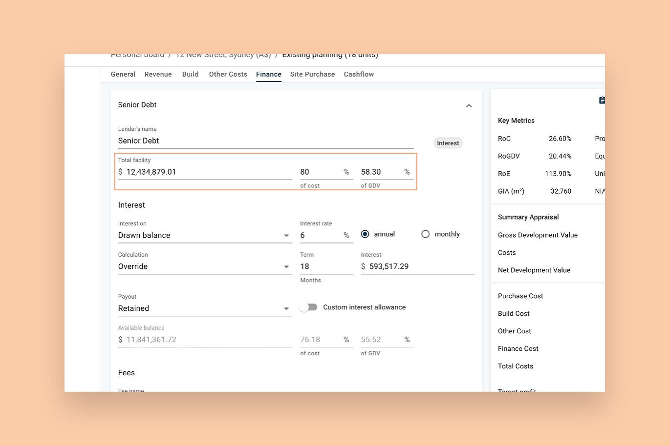 An example screen showing Aprao's new finance features, such as total facility.