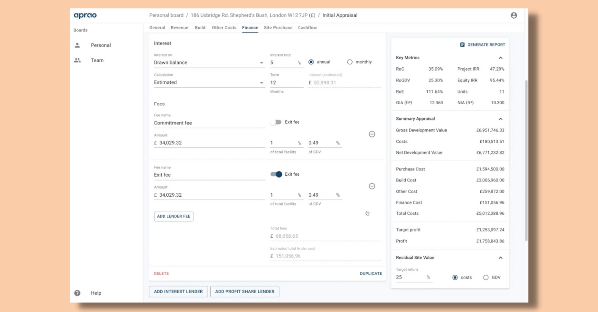 A screenshot of the Aprao platform which shows the finance tab of the property development appraisal