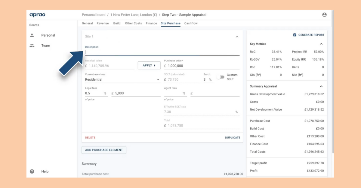 What is bridging finance and how does it work? Snapshot of the Aprao Site Purchase tab.