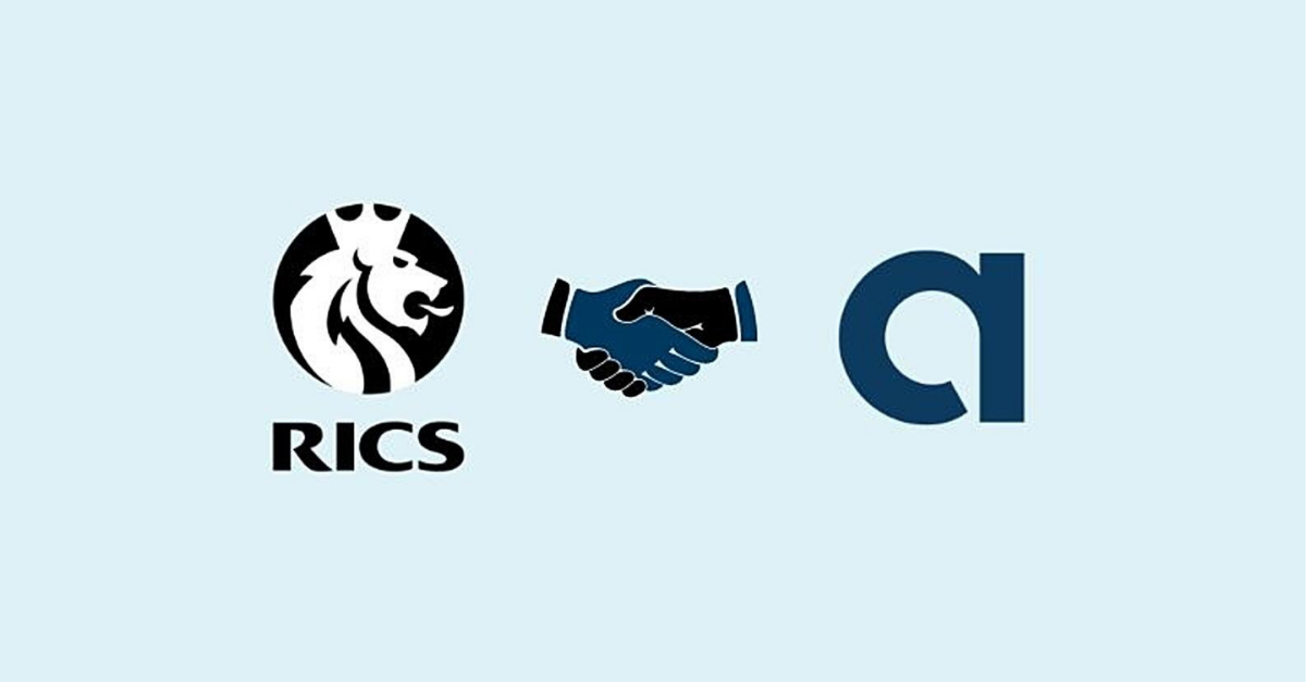 The RICS logo and Aprao logo, joined together by two hands shaking to show a partnership
