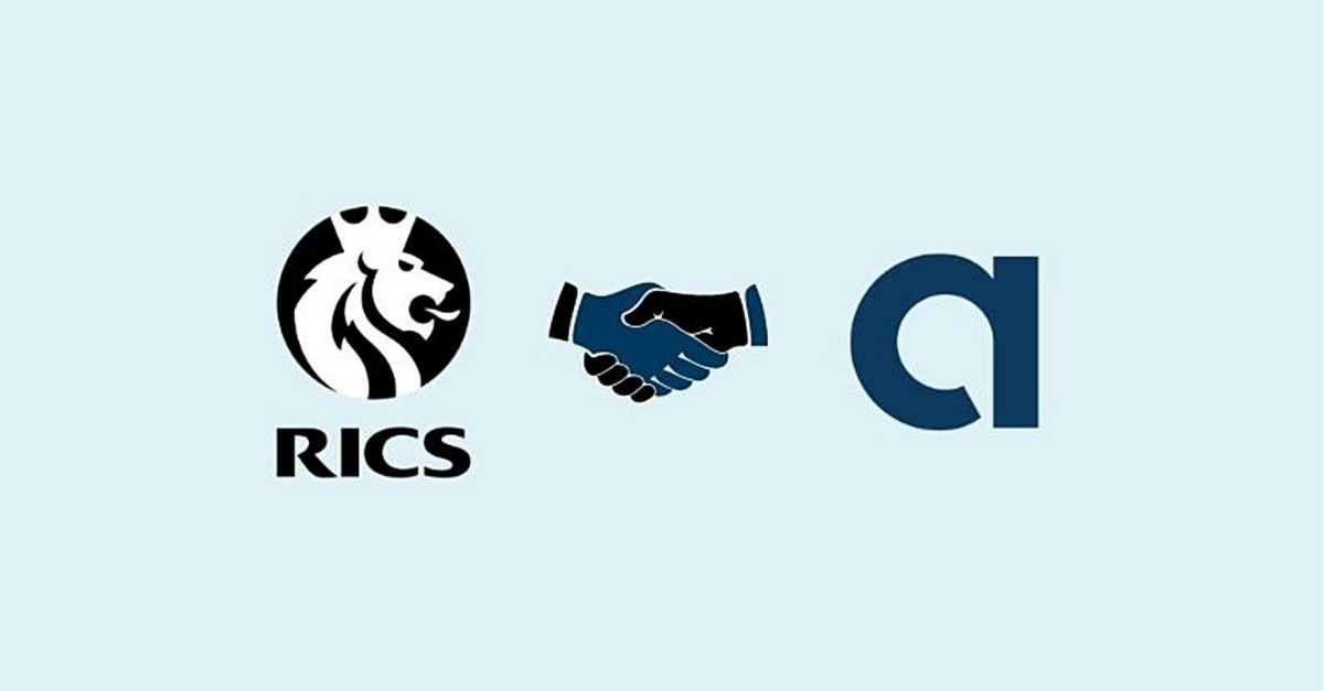 The RICS logo and Aprao logo with a handshake representing a partnership in the middle