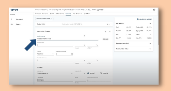Mezzanine finance can be added on Aprao's platform under the finance tab. The image shows a screenshot of Aprao's platform.