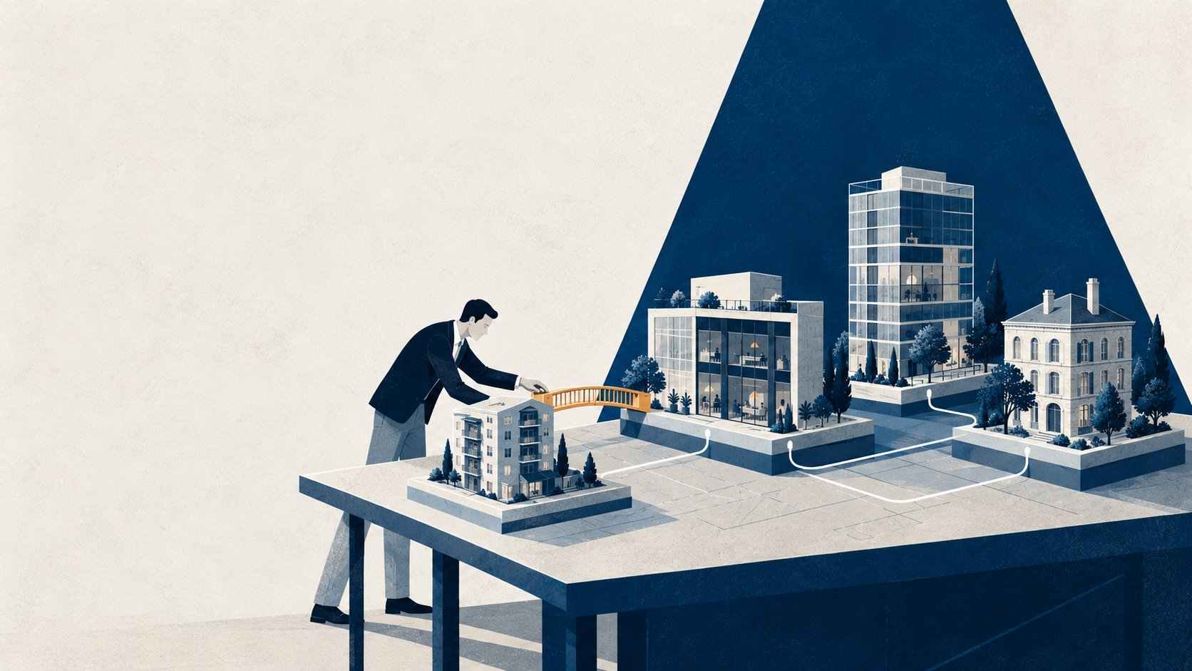 A property professional connects architectural models with a small amber bridge, illustrating collaboration across property technology.