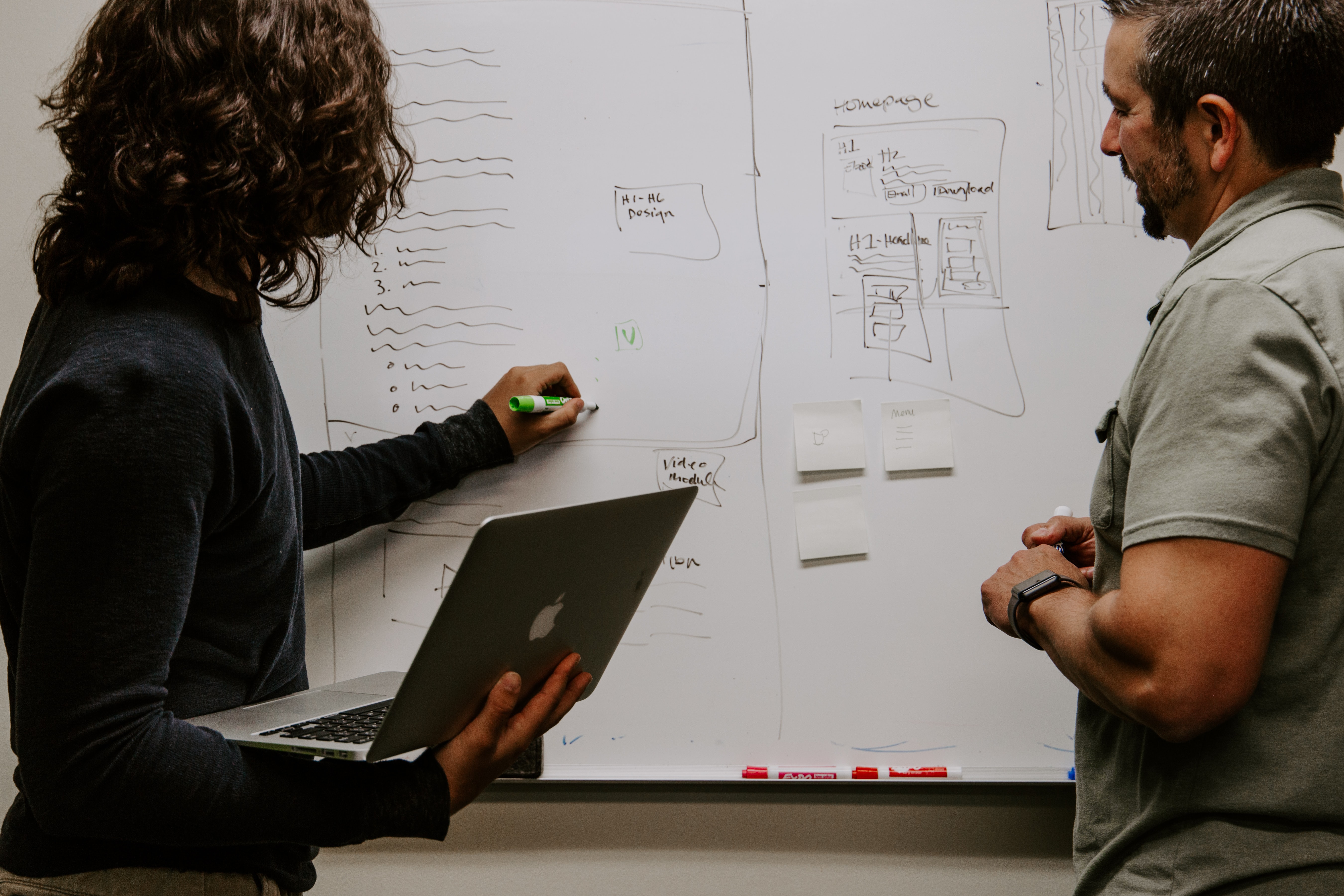 Professionals discussing ideas around a whiteboard